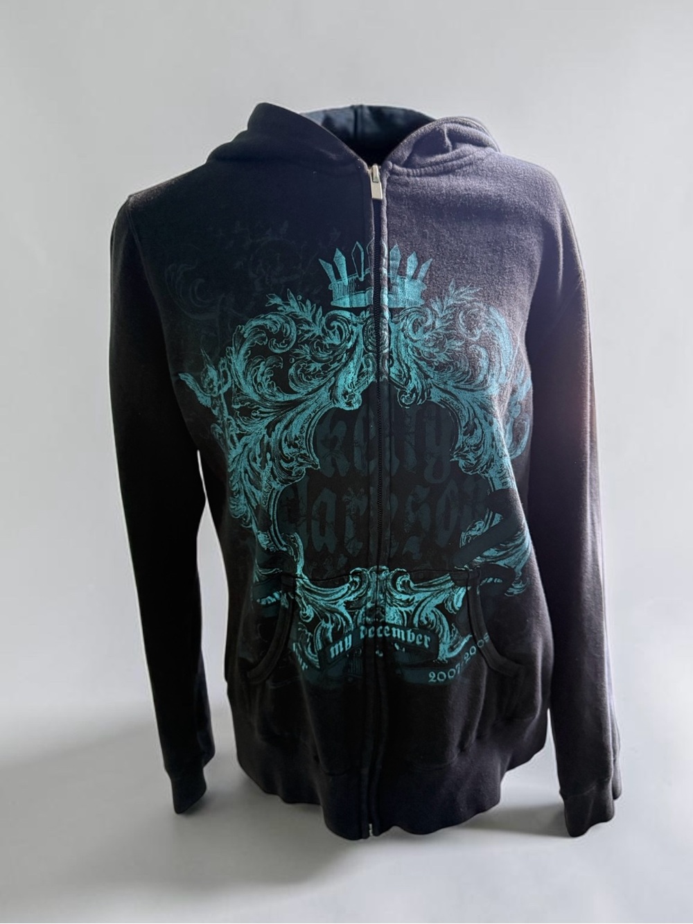 APX Women's My December 2007 2008 Zip-Up Hoodie with Teal Graphic Sz L
